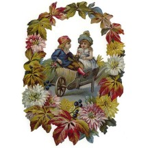 Children in Wheelbarrow with Autumn Flowers Large Scrap ~ Germany